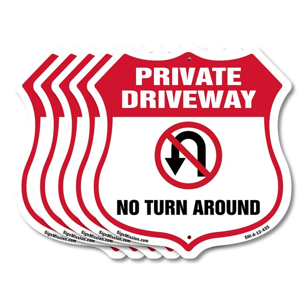 Signmission Private Driveway Shield Sign No Turn Aro, 12 inch X 12 inch, Aluminum Metal Sign, 5PK SHI-A-5Pack-12-435 - main
