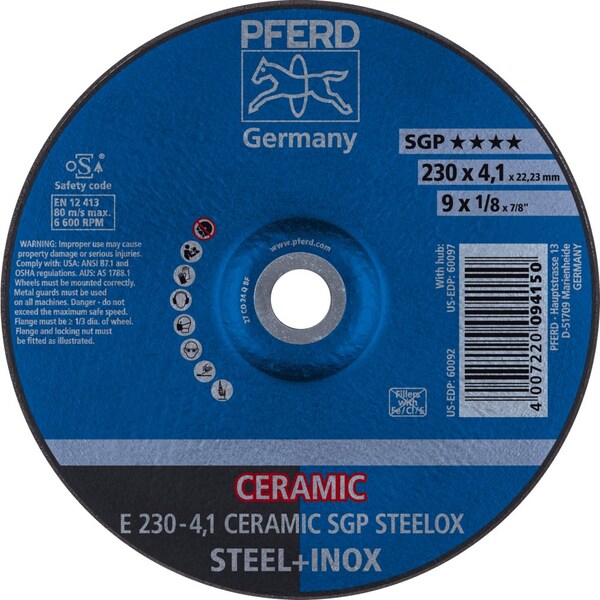 Pferd 9'' x 1/8 Grinding Wheel, 7/8'' A.H. - CERAMIC SGP STEELOX - Type 27 60092 - main