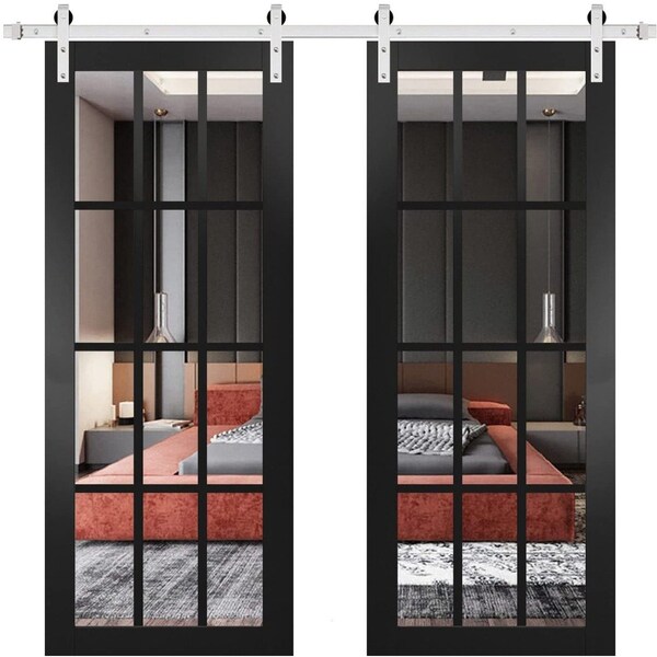 Sartodoors Sturdy Double Barn Door with, Felicia 3355 Matte Black with Clear Glass, 13FT Rail Hangers Heavy S FELICIA3355DB-S-BLK-48 - main