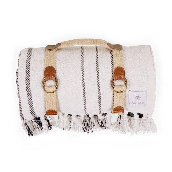 Picnic Time Family Of Brands Montecito Picnic Blanket with Harness, White & Blue Stripe 639-00-107-000-0 - main