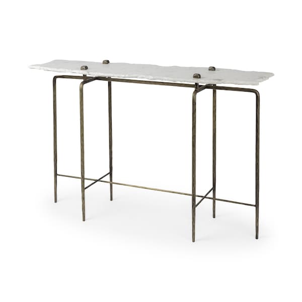Homeroots 49" White and Brass Genuine Marble and Iron Distressed Six Leg Console Table 380223 - main