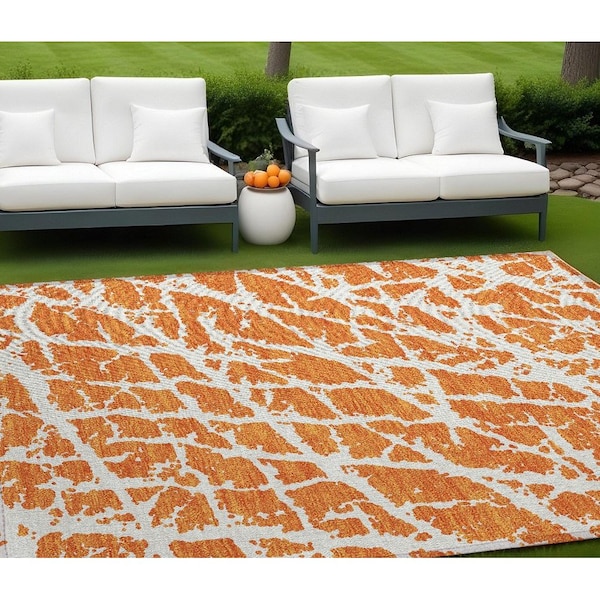 Homeroots 9' X 12' Orange and White Abstract Washable Non Skid Indoor Outdoor Area Rug 559287 - main