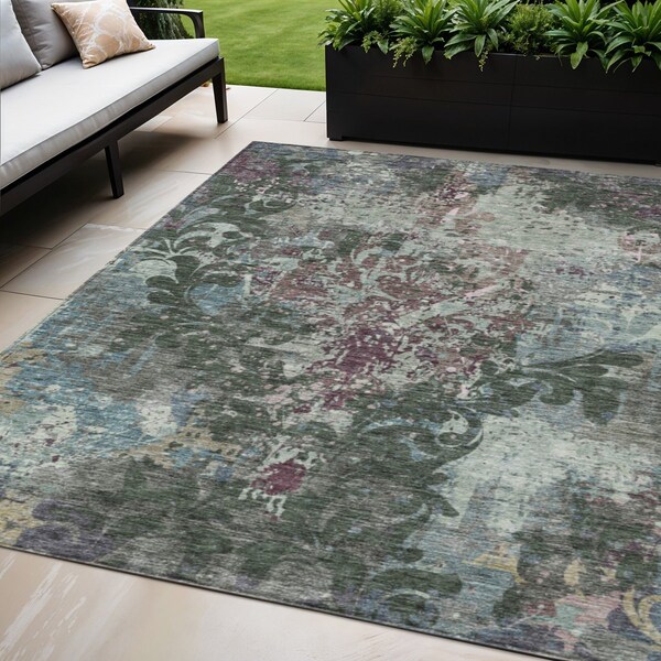 Homeroots 5' X 8' Fern Green And Purple Damask Washable Indoor Outdoor Area Rug 596382 - main