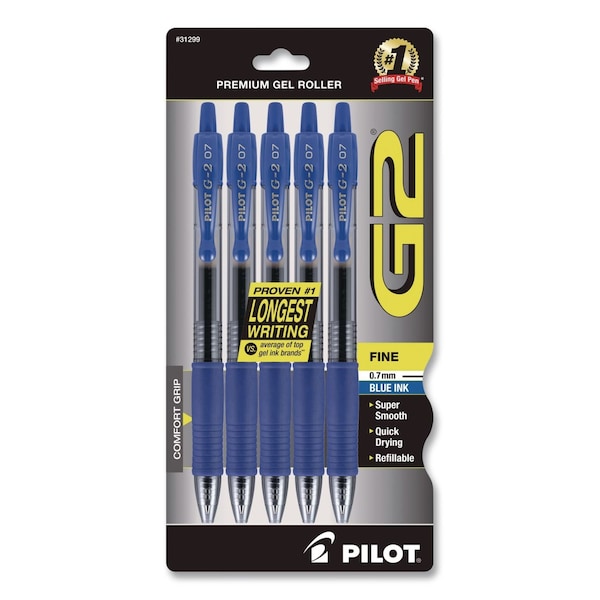 Pilot G2 Premium Gel Pen, Retractable, Fine 0.7 mm, Blue Ink, Smoke/Blue Barrel, 5PK 31299 - main