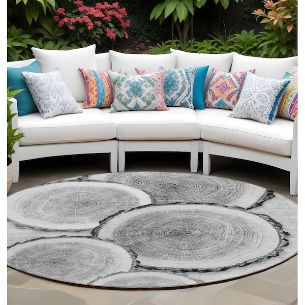 Homeroots 8' Round Gray and Black Round Faux Bois Washable Non Skid Indoor Outdoor Area Rug 564415 - main