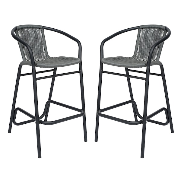 Flash Furniture Lila Commercial Grade Indoor-Outdoor PE Rattan Restaurant Barstool with Black Aluminum Frame and Footrest in Gray, PK2 2-SDA-AD632032R-GY-GG - main