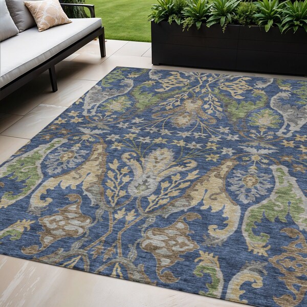 Homeroots 5' X 8' Navy Blue Green And Brown Floral Washable Indoor Outdoor Area Rug 605290 - main