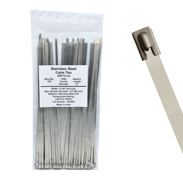 Cable Ties Unlimited Cable Tie, 12 in L, 150 lb Strength, 3.3 in Max Bundle Dia, 316 Stainless Steel, Silver, 100PK SSP12-LD - main