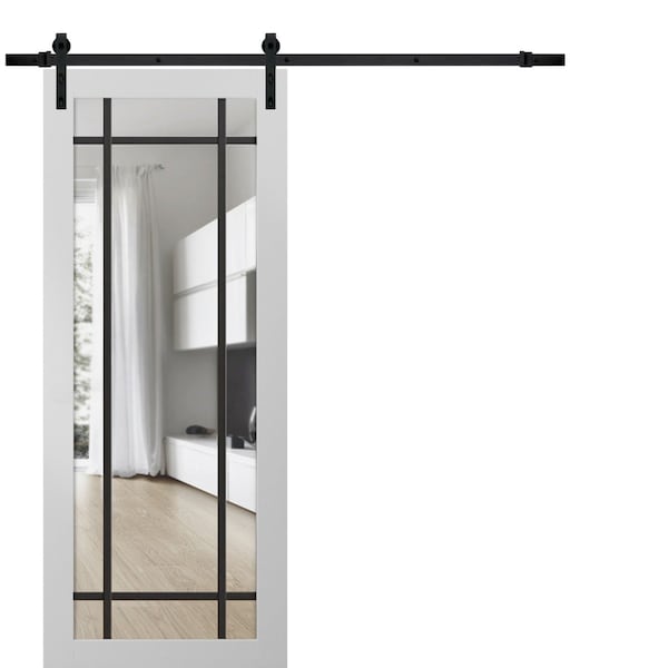 Sartodoors Sturdy Barn Door Clear Tempered Glass, Lucia 2266 White Silk and Aluminum Strips, 6.6FT Black Rail LUCIA2266BD-B-WS-30 x 96 - main