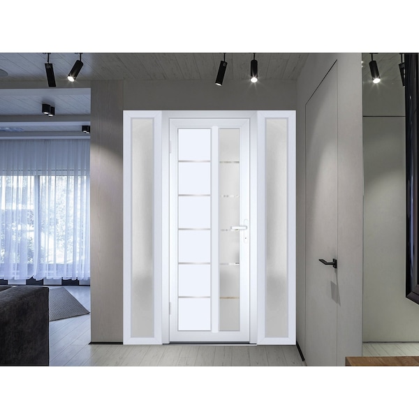 Vdomdoors Front Exterior Prehung FiberGlass Door Frosted Glass / Manux 8088 White Silk / 2 Sidelight Exterior MANUX8088EXD-WS-W16+36+16 x H80-RH - main