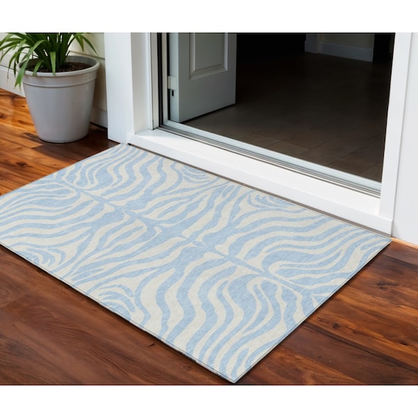 Homeroots 3' X 5' Sky Blue And Ivory Animal Print Washable Indoor Outdoor Area Rug 600654 - main
