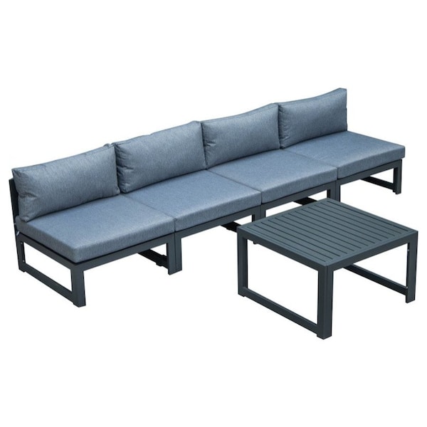 Leisuremod Chelsea 5-Piece Middle Patio Chairs and Coffee Table Set Black Aluminum With Blue Cushions CSTBL-4BU - main