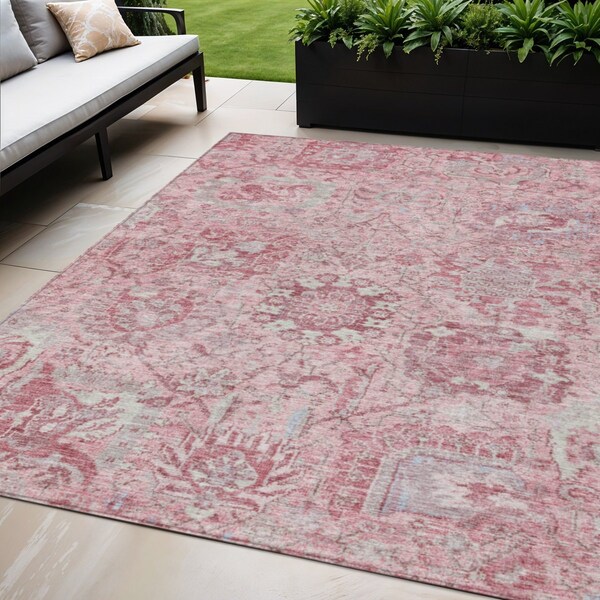 Homeroots 5' X 8' Pink And Gray Damask Washable Indoor Outdoor Area Rug 603780 - main