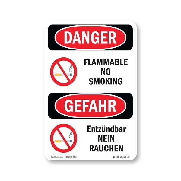 Signmission OSHA Danger Sign, Flammable No Smoking Bilingual, 24in X 18in Decal, OS-DS-D-1824-VG-1824 OS-DS-D-1824-VG-1824 - main