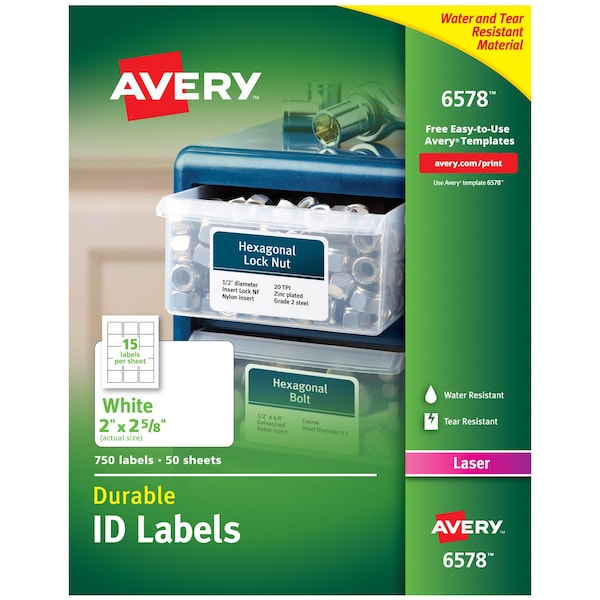 Avery Laser Label, 2 5/8 in Label W, 2 in Label H, 15 Labels per Sheet White 727826578 - main