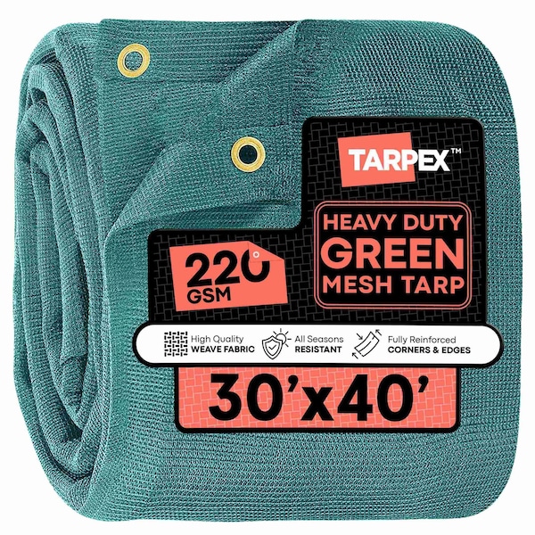 Tarpex 30' x 40' Green Heavy-Duty Weather Resistant 6.5 oz. 70% Shade Polyethylene Mesh Truck Tarp GMT-TA-3040 - main