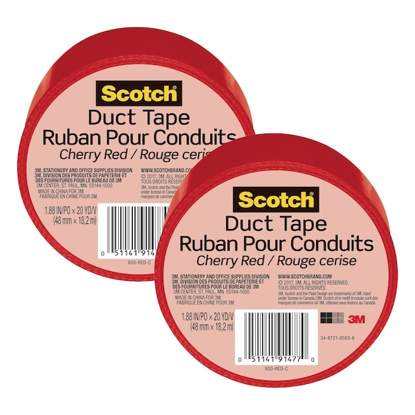 Scotch Duct Tape for Artists, 1.88 in x 20 yd (48 mm x 18.2 m), Cherry Red, 2PK 920-RED-C - main
