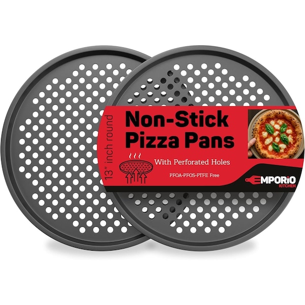 Emporio Kitchen Non-Stick Pizza Pan, 13in Carbon Steel, Perforated, Gray Coating, Oven Safe, 2PK EKPIZP22X - main