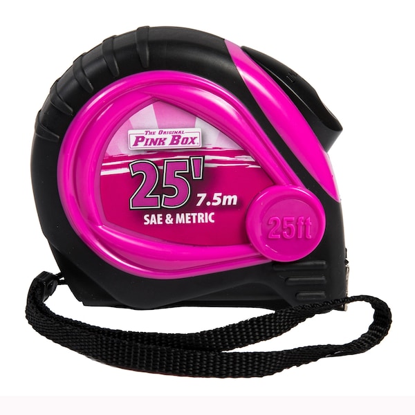 The Original Pink Box 25 ft Tape Measure, Auto-Lock, Easy-Read Markings, Belt Clip, & Shock Absorbing Case, Pink PB25LTM - main