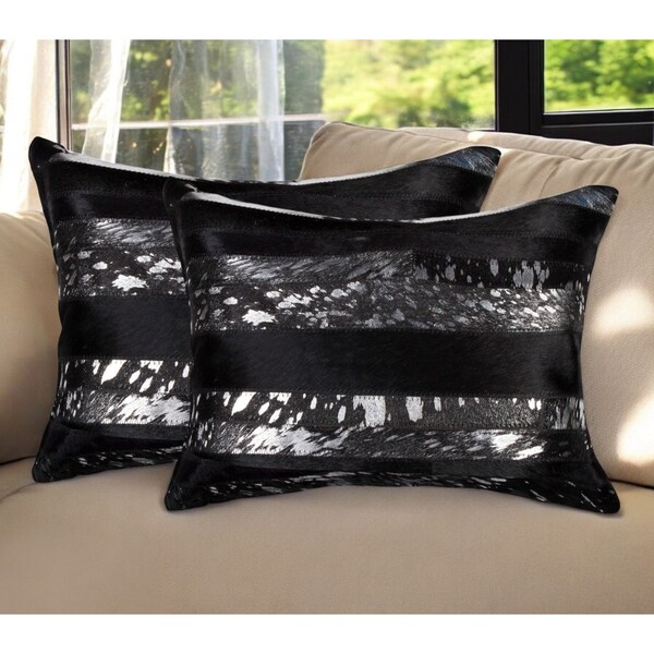 Homeroots Set of Two 12" X 20" Black and Silver Striped Cowhide Lumbar Throw Pillows with Glitter, 2PK 544629 - main