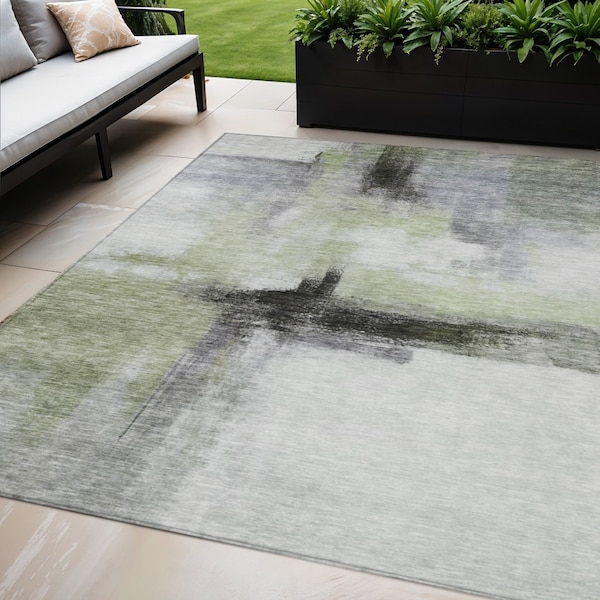 Homeroots 5' X 8' Sage Black And Gray Abstract Washable Indoor Outdoor Area Rug 603654 - main