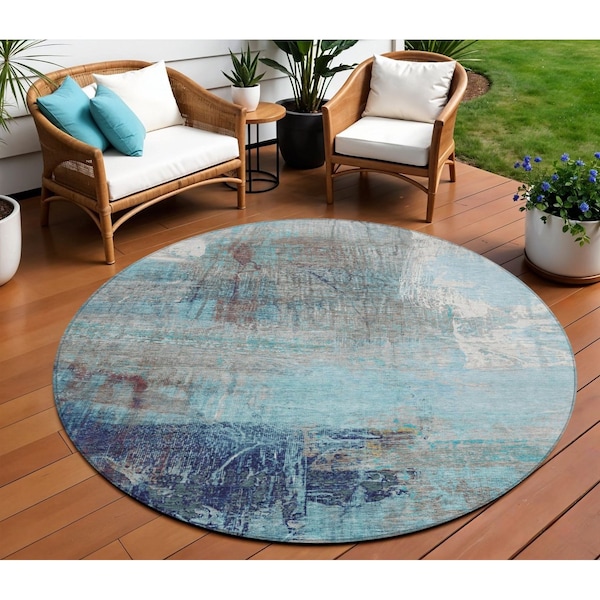 Homeroots 8' Teal Blue And Gray Round Abstract Washable Indoor Outdoor Area Rug 632037 - main