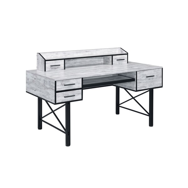 Homeroots 59" Antiqued White and Black Computer Desk With Five Drawers 491441 - main