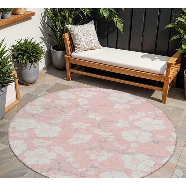 Homeroots 8' Pink Ivory And Gray Round Floral Washable Indoor Outdoor Area Rug 599906 - main