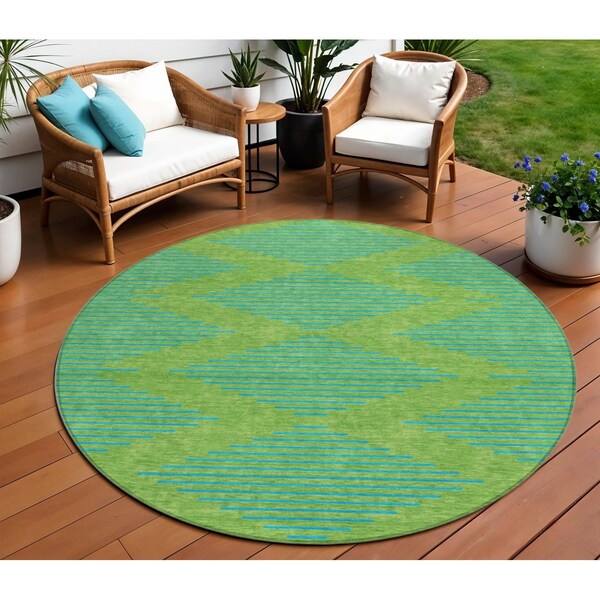Homeroots 8' Green And Aqua Round Geometric Washable Indoor Outdoor Area Rug 598736 - main