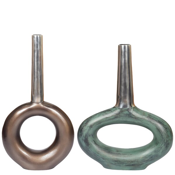 Uniquewise Decorative Antique Aluminium-Casted Table Centerpiece Flower Vase, Two Tone Patina Green , Set of 2 QI004132-33.2 - main