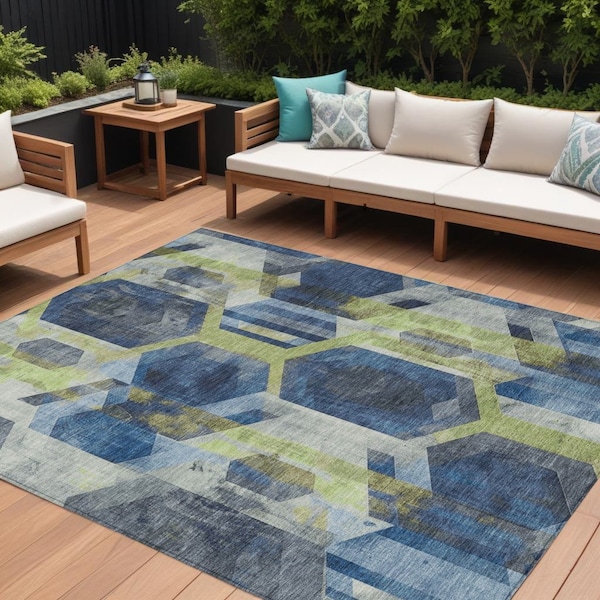 Homeroots 10' X 14' Navy Blue Gold And Silver Geometric Washable Indoor Outdoor Area Rug 618756 - main