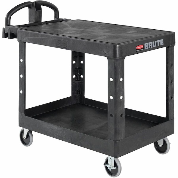 Rubbermaid Commercial Utility Cart with Deep Lipped & Flush Plastic Shelves, Plastic, 500 lb Load Capacity, 2 Shelves FG452500BLA - main
