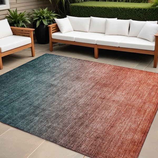 Homeroots 9' X 12' Gray and Red Orange Ombre Washable Non Skid Indoor Outdoor Area Rug 563734 - main