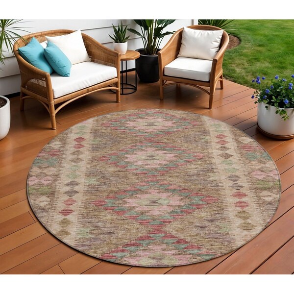 Homeroots 8' Brown Round Geometric Washable Indoor Outdoor Area Rug 607430 - main