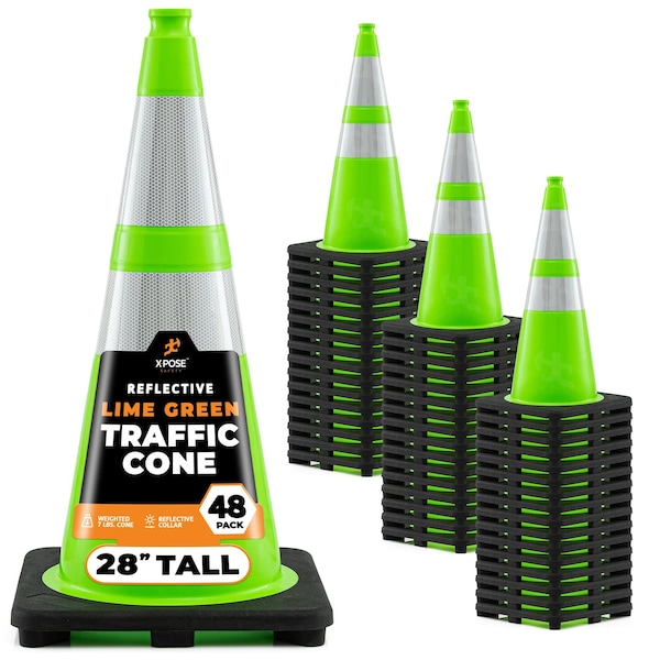 Xpose Safety Traffic Safety Cone, 28 in, Premium PVC, Dual 6 in & 4 in Reflective Collar, Lime Green, 48 pk LTC28-64-48-X - main