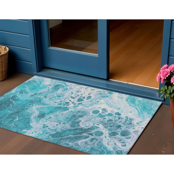 Homeroots 3' X 5' Teal Blue And Ivory Abstract Washable Indoor Outdoor Area Rug 618322 - main