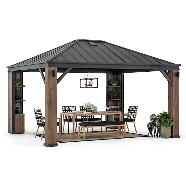 Sunjoy Elmgrove 12ft x 14ft Solar Powered Cedar Wood Framed Steel Hardtop Gazebo, LED, Bluetooth Sound A102012800 - main