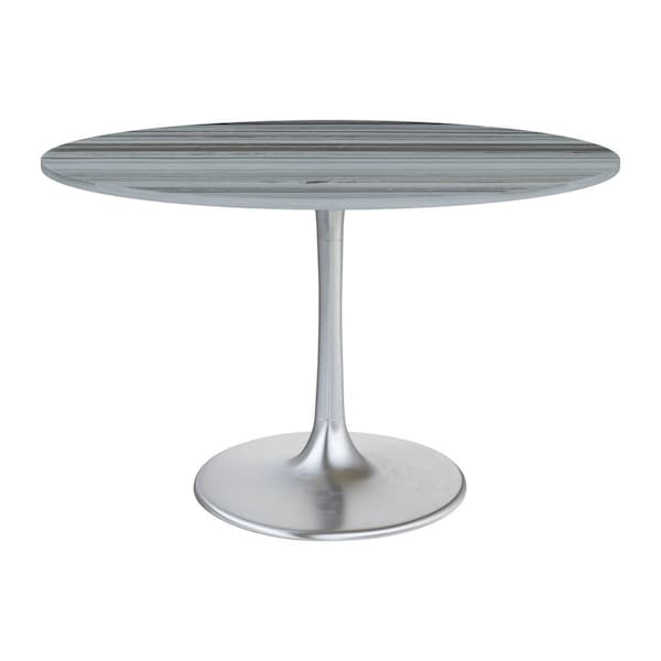 Homeroots 48" Gray and Silver Marble and Aluminum Pedestal Base Round Top Dining Table 572238 - main