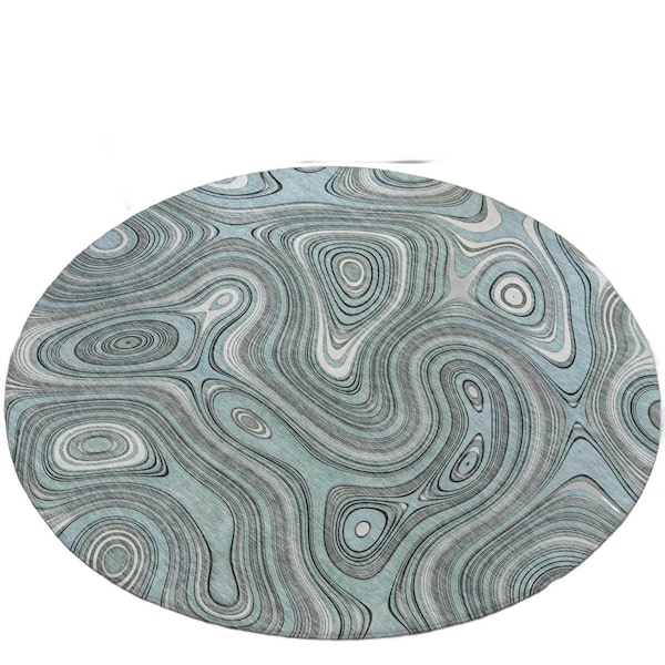 Homeroots 8' Sky Blue And Gray Round Geometric Washable Indoor Outdoor Area Rug 631403 - main
