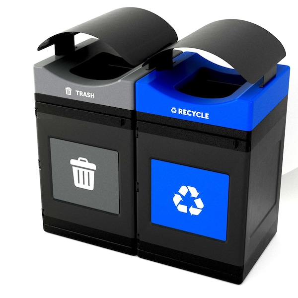 Commercial Zone Products Avante Series Dual Stream Black Trash/Recycling 55 Gallon Containers w/ Canopy 787202MSA - main