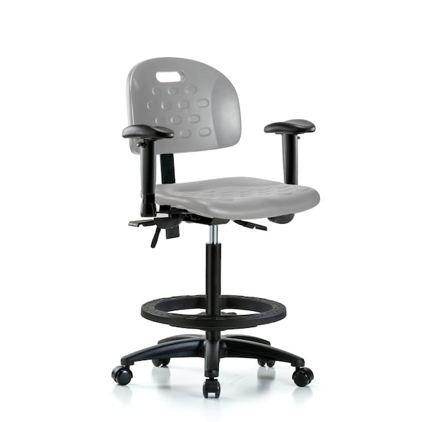 Blue Ridge Ergonomics Poly Chair-High Bench Height with Seat Tilt, Adjustable Arms, Black Foot Ring, &Casters in Gray Poly HPHBCH-RG-T1-A1-BF-RC-GRY - main
