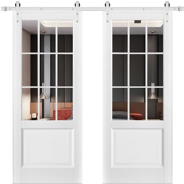 Sartodoors Sturdy Double Barn Door with, Felicia 3599 White Silk with Clear Glass, 13FT Rail Hangers Heavy Se FELICIA3599DB-S-BEM-36 x 96(2*18x96) - main