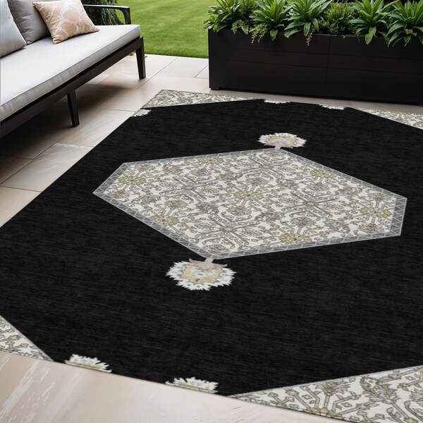 Homeroots 5' X 8' Black Gray And Ivory Oriental Washable Indoor Outdoor Area Rug 598173 - main
