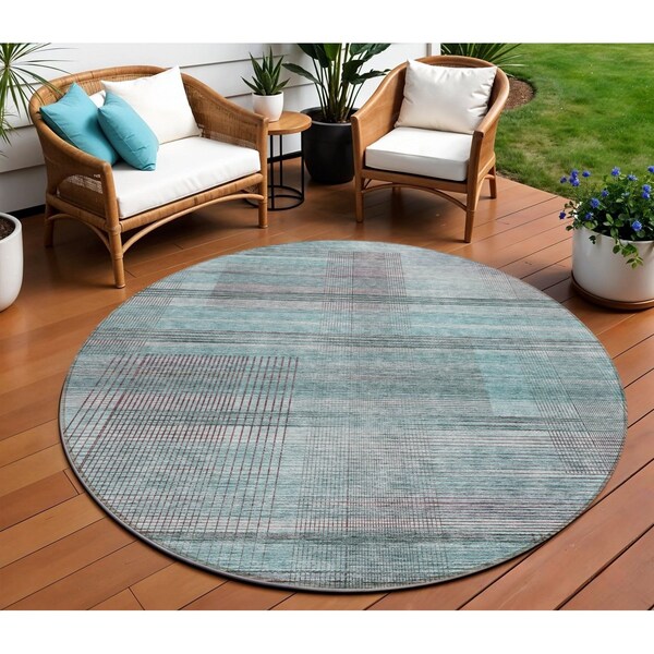 Homeroots 8' Teal Blue Gray And Charcoal Round Striped Washable Indoor Outdoor Area Rug 588072 - main