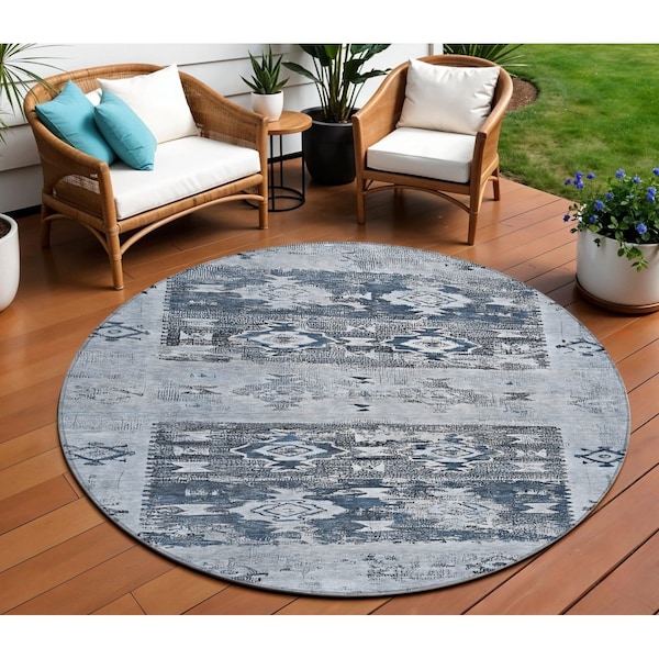 Homeroots 8' Blue And Denim Blue Round Aztec Washable Indoor Outdoor Area Rug 616594 - main