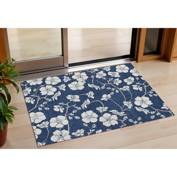 Homeroots 3' X 5' Navy Blue And Ivory Floral Washable Indoor Outdoor Area Rug 599898 - main
