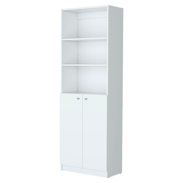 Homeroots 71" White Wood Three Tier Bookcase with Two Doors 546193 - main