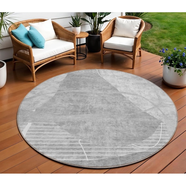 Homeroots 8' Gray Silver And Ivory Round Abstract Washable Indoor Outdoor Area Rug 587598 - main