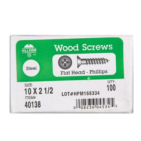 Hillman No. 10 X 2-1/2 in. L Phillips Zinc-Plated Coarse Wood Screws, 100PK 40138 - main