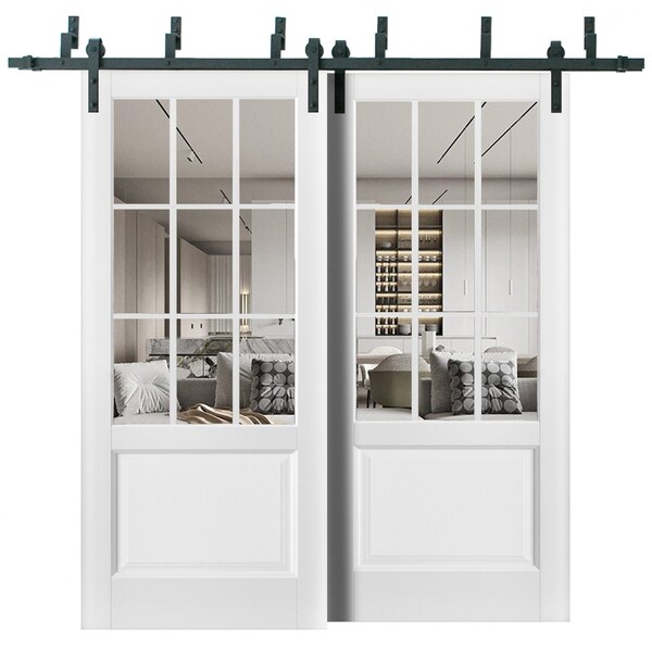 Sartodoors Sliding Closet Barn Bypass Doors, Felicia 3599 White Silk with Clear Glass, Sturdy 6.6ft Rails Har FELICIA3599BBB-WS-3684 - main